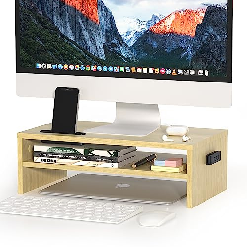 BONTEC Monitor Stand Riser, 2-Tier Wooden Desk Riser, 30 kg Load, Oak