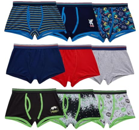Style It Up 9 Pairs Kids Boys Printed Trunks Comfortable Childrens 100% Cotton Underwear (Navy-Grey-Green, 7-8)
