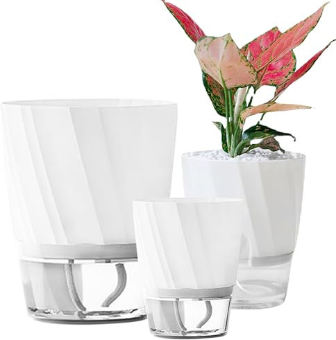 ROLMZJX 4 vasi autoinnaffianti da 20/15/12 cm, grandi vasi autoirriganti con corda di cotone stoppino, vaso in plastica con grande contenitore d'acqua per piante da interno, fiori, erbe aromatiche