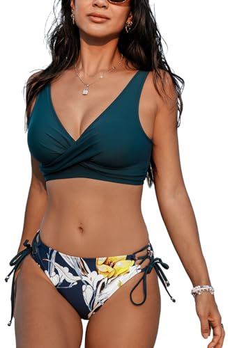 CUPSHE Women's Bikini Set Twist Front Tie Side Bikini Swimsuit Two Piece Swimwear Bathing Suits Teal Blue/Yellow L