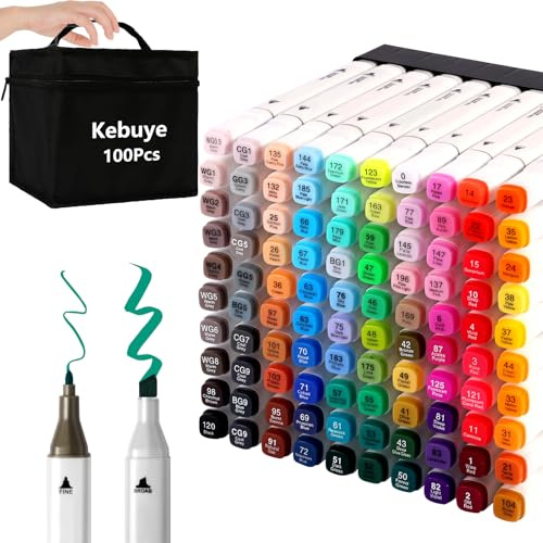 Kebuye Colouring Pens Alcohol Markers Pen - Double Ended 100 Colour Marker Fine & Broad Tip for Drawing Coloring Graffiti - Perfect for Adults Kids Artist with Storage Base