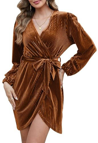CheChury Robe de Cocktail Vintage Robe Femme Hiver Rockabilly Robe Plissée au Genou Manches Longues Robe Col en V Rétro Robe Hiver Velours Robe de Soiree Elegent Robe de Noël Longue Robe Chaud Sexy