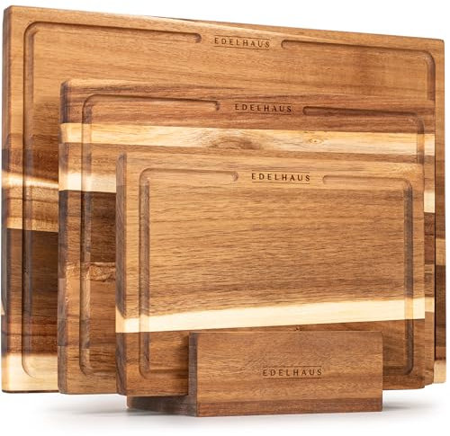EDELHAUS Schneidebrett Holz 3er Set (40x30cm / 33x24cm / 26x18cm) Holzschneidebrett aus Massiver Akazie - 2cm dicke Holzbretter Küche mit Saftrille - Design Cutting Board Schneidbrett Set