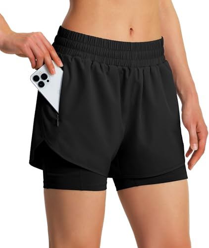Ksmien Women's 2 in 1 Athletic Running Shorts Quick Dry with Liner Black