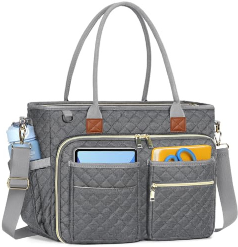 RAINSMORE Laptop Tote Bags for Women Teacher Work Bags 15.6 inch Large Nurse Bag Computer Messenger Briefcase with Insulated Pocket, Laptop Briefcase for Office College School University, Grey