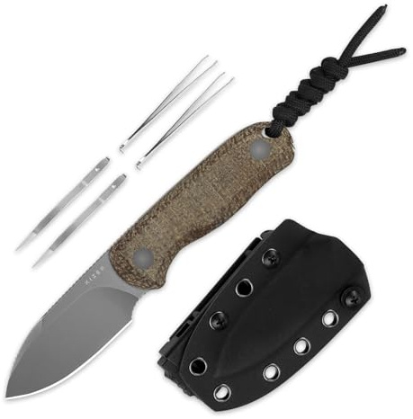 Kizer Drop Bear Fix Cuchillo de Camping, Hoja de 6,52 cm 14C28N Cuchillo EDC de Hoja Fija con Mango de Micarta de Arpillera, Cuchillos de Caza de Espiga Completa con Funda Kydex Ajustable, 1094A1