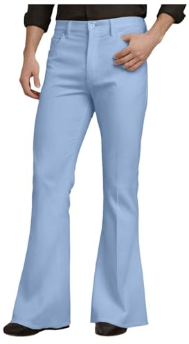 Mens Flared Trousers 60s 70s Slim Flared Pants Mens Casual Flare Men Bell Bottom Pants Retro Stretch Classic Trousers Vintage Men Carnival Disco Outfits with Pockets for Theme Parties, (Blue, M)