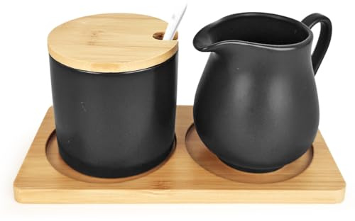 Tutamaz Set di Latte e Zucchero in Ceramica, Brocca per Latte Zuccheriera con Coperchio, Cucchiaio in Ceramica Incluso Servizio da Colazione per Caffè e Tè, Nero