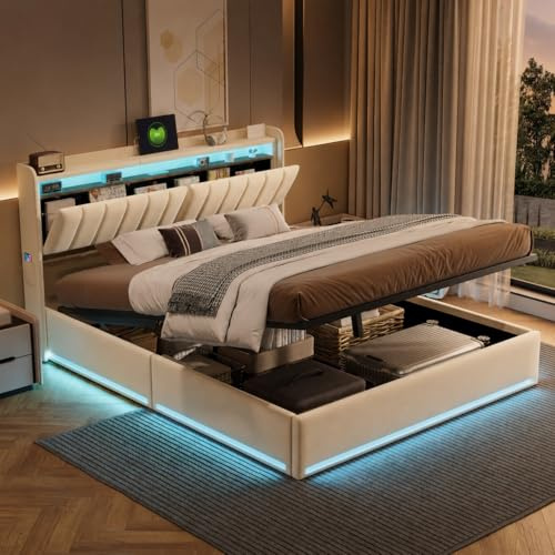 BAJKNIU Letto imbottito 160x200 cm con Contenitore idraulico, Letto matrimoniale imbottito, letto matrimoniale a LED, Funzionale con testiera, Struttura letto con rete a doghe (Beige, 160x200cm)