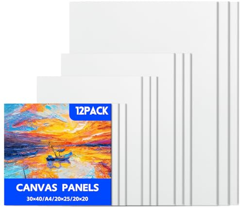 RITOLLO 12-Pack Mixed-Size Cotton Canvas Boards for Painting, 3 mm | Includes 30 x 40 cm, A4, 20 x 25 cm and 20 x 20 cm boards for acrylic, oil and watercolour painting