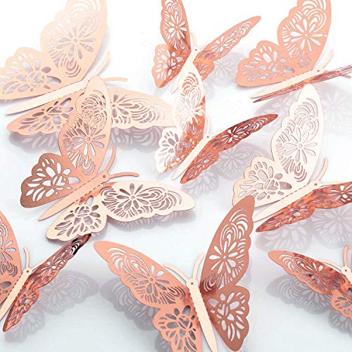 MWOOT Butterfly Stickers Wall Decoration (Pack of 48), 3D Butterfly Wall Art Fashion Design DIY Bedroom Living Room Study Room Baby Room Background Wall Sticker Pink