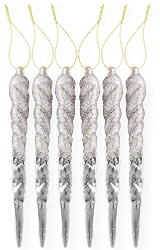 AKH® 13CM / 5 Christmas Hanging Icicles | Icicle Ornaments Bubbles | Pack of 6 | Glitter Baubles (Silver)