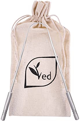 Raspador de lengua Ved con bolsa de viaje ecológica, 100% acero inoxidable de grado médico, a prueba de óxido, raspador de lengua de metal.