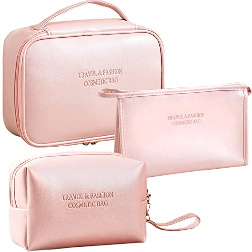 LEcylankEr 3 Pièces Trousse Maquillage Femme Trousse de Toilette Voyage Vanity Maquillage Makeup Bag de Voyage Portable Trousse a Maquillage Imperméable (Rose)