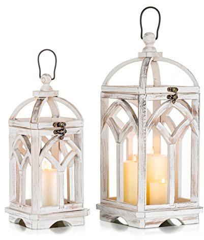 Romadedi Set of 2 Farmhouse Wood Candle Lanterns Decorative, Whitewashed