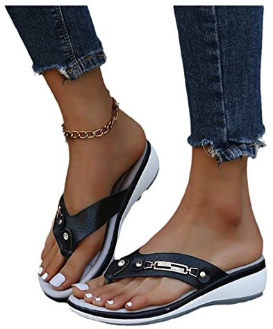 Sandalias Ortopédicas Con Separador De Dedos Chanclas De Diamantes De Imitación De Moda for Mujer Flip-Flops De Cuero PU De Verano Zapatillas Plataforma Zapatos De Playa ( Color : Black , Size : 42 EU