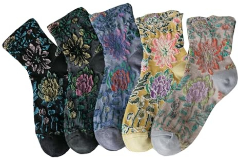 Vintage Embroidered Floral Socks for Women, Combed Cotton Crew Socks (5 Pairs-Set A)