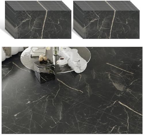VEELIKE Svart marmor vinylkakel PVC golvbeläggning marmorutseende kakeldekaler golvplattor vardagsrum PVC-kakel självhäftande kakel golv badrum kökskakel 1,5 mm 60 cm × 30 cm 24 stycken