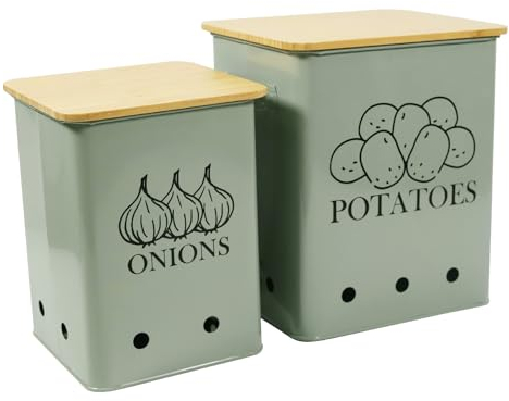 Xbopetda Set of 2 Vegetable Storage Tins, Potato Storage Onion Bin with Aerating Holes & Wooden Lid - Kitchen Pantry Organiser, Produce Fruits Vegetable Fresh Keeper (Green)