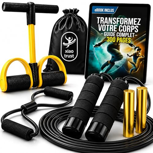 Kit Trio Fitness 3‑en‑1 – Corde à Sauter Lestée, Élastique à Pédales 6 Tubes, Bande de Résistance – Entraînement Full Body à Domicile – Sac + eBook 300 Pages Inclus – Cardio, Musculation, Mobilité