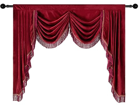 apott Cantonnière en velours avec pompons pour fenêtre - Motif cascade - Rouge - Pour salon, chambre à coucher - 124 x 155 cm (H x l)