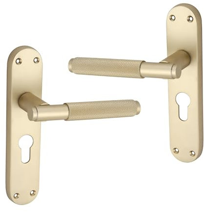 Infinity Decor Satin Brass Knurled Euro Lever Lock Door Handle on Backplate Set 185mm x 45mm Passage Door Pulls – Suitable for All Internal & External Door