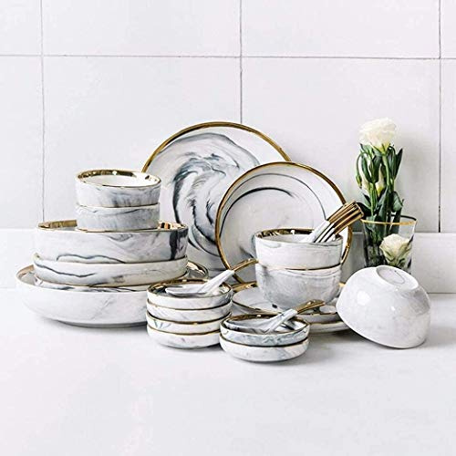 KHYTEBV Elegante stoviglie in Ceramica, 26 Pezzi Phnom Penh Grigio Marmo Ceramica Set da tavola Porcellana Ciotola Piatto Cucchiaio stoviglie Servizio Combinato f