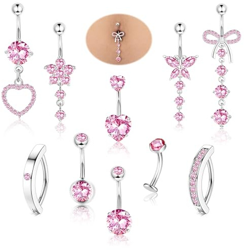 Diamday 10pcs Piercing Ombligo Acero Quirúrgico Piercing Ombligo Aro 14G Corazón Mariposa Flor Dangle Vientre Anillos para Mujeres Vientre Barras Barbell Ombligos Piercings Joyería