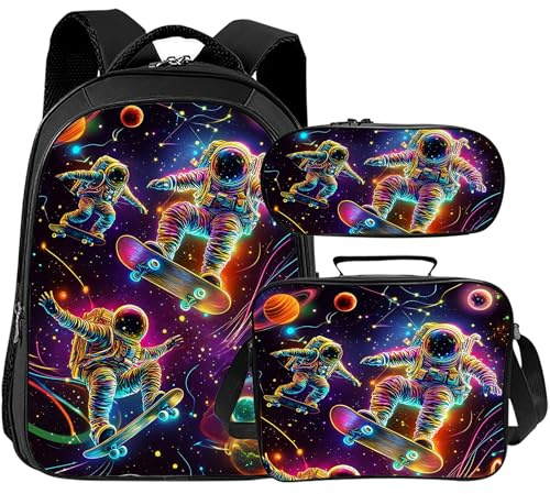 Tijuboni Kids Backpack for School Boys and Girls - 3pcs, Astronaut Spaceman School Backpack with Lunch Box and Pencil Case for Children Teens Bookbag 16 Inch Large Capacity