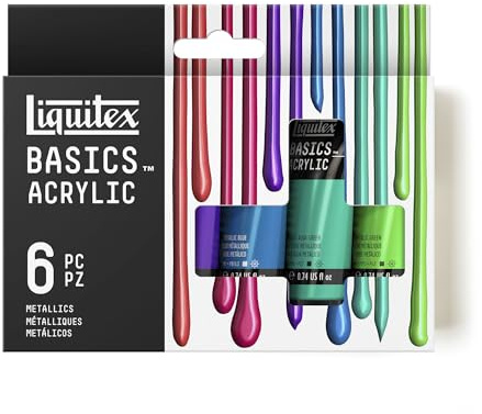 Liquitex 3699479 Basics Akrylfärg – Metallic Set – 6 färger à 22 ml, Högpigmenterad Artistfärg med Metallisk Yta, Ljusäkta, Ogenomskinlig – För Canvas, Trä & Papper