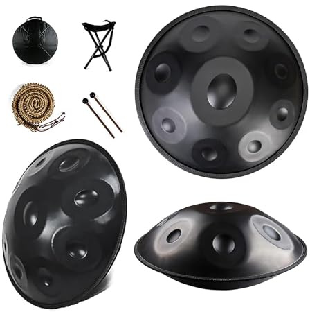 Handpan Drum 22 Pulgadas 9/10/12 Notas 440 Hz Hand Tuning Handpan Percusión Armónica para Meditación Y Yoga con Baquetas Bolsa De Mano Soporte(Negro,9 Notes)