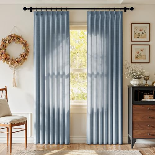 Rinwoc 96 Inch Pinch Pleat Linen Curtains, 2 Panel Non-See-Through Textured Linen Complete Set Hooks Rings, Memory Trained Pleats Light Filtering Privacy for Bedroom/Livingroom Blue （W40xL96）