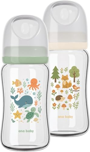 ana baby Pure Glass Bottle Set - 2 Pack | BPA-Free Borosilicate Glass Baby Feeding Bottles with Soft Silicone Teats, Anti-Colic Vented Design | Under The Sea & Woodland Patterns (240ml x 2)