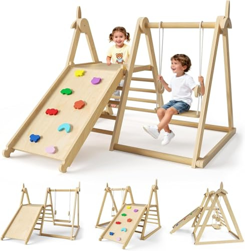 Estructura de escalada interior para niños,estructura plegable 5 en 1 con columpio ajustable,gimnasio de escalada de madera con escalera y piedras de colores,molino de viento giratorio de madera