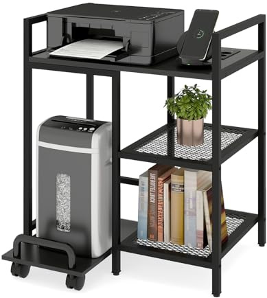 COSTWAY 3-stegs Skrivarstativ med Uttag, USB och Typ-C Kontakt, Mobilt Skrivarbord med Förvaringsfack och Låsbara Hjul, Förvaringshylla för Kontor och Hemmakontor, Svart