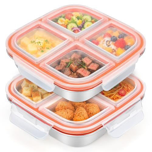 CSYY Lote de 2 Snack Box 4 Compartimentos, 600 ml a Prueba de Fugas Fiambrera Fiambrera Bento Reutilizable Hermética Sin BPA para Niños Adultos Colegio Trabajo Picnic Camping