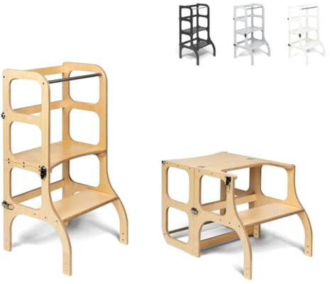 Ette Tete STEP'n'SIT® • Wandelbare Montessori Lernturm + Tisch, 2 in 1 (Hölzern, mit Silberverschlüssen)