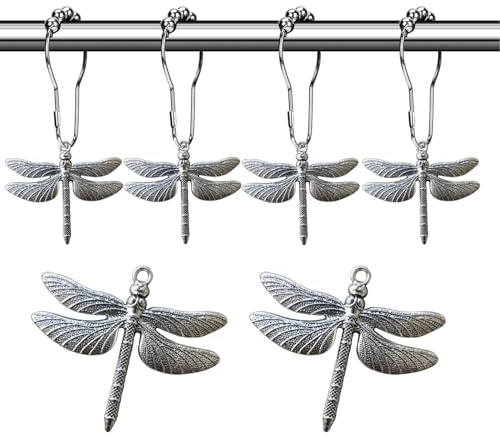 Aimoye Dragonfly Bathroom Shower Curtain Hooks - Rust Proof Shower Curain Rings,Decorative Bathroom Accessories Set, Natural Forest Garden Country Farm Theme Bathroom Decor, 12PCS