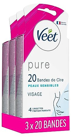 VEET Pure – 60 tiras de cera fría para la cara – Piel sensible – Recomendada por dermatólogos – Depilación duradera – 3 x 20 tiras