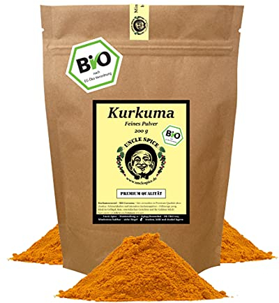 UNCLE SPICE® BIO Kurkuma - 200g Kurkuma-Wurzel gemahlen, 2,5-3,5% Curcumin, CURCUMA Turmeric SUPERFOOD, Kurkumapulver in Premium-Qualität - organic Curcuma-Powder, DE-ÖKO-005