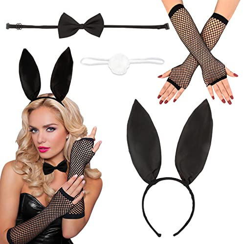 BHGT Orejas de Conejo Negra, Cola, Pajarita, Guantes Red para Disfraz Conejo Carnaval Halloween Pascua Fiesta Temática Mujer