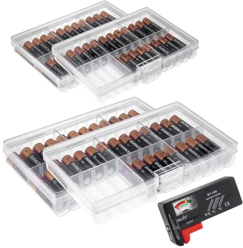 GlossyEnd Set of 4 - Two AA and Two AAA Battery Storage Box, Battery Storage Case Holder with Tester, Clear. Each Case Stores 48 Batteries
