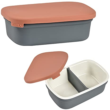 BÉABA, Lunchox, Boite à Lunch, Bentos, Repas Bebe, Boite à Goûter/Repas en Céramique, Housse en Silicone, Matériaux Sain, Compatible Four, Micro-onde, 540ml, Mineral/Terracotta
