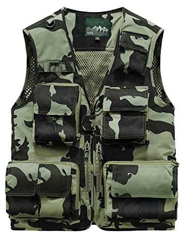 KTWOLEN Homme Gilet de Pêche Multi-Poches Gilets Léger Respirant à Séchage Rapide Gilet de Photographe Camping Chasse Gilet Extérieur sans Manche avec 15 Poches, Camouflage léger, XL