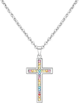 Dixbix Girls Baptism Cross Necklace for Women,First Communion Cross Necklaces Jewelry Gifts for Women (Girls Cross Rainbow)