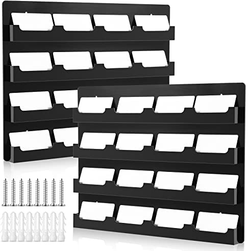 Geelin 2 Pcs Acrylic Business Card Holder Wall Mount Black Business Card Display Holder with Hanging Hardware Vertical Sticker Display Rack Organizing Stand for Office Home (16 Pockets)