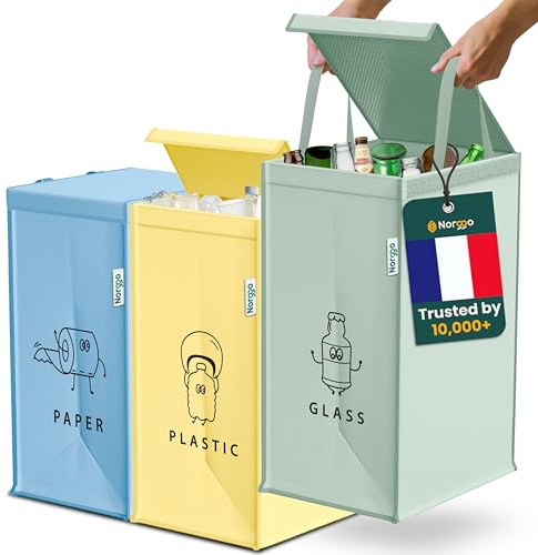 Norggo® Mülltrennsystem 3fach – Set aus 3 Mülltrennsysteme für Plastik, Papier und Glas – Recycling Behälter 40L mit Griff – Abfall & Recycling Lösung – Mülltrennsystem Küche – Altpapier & Altglas