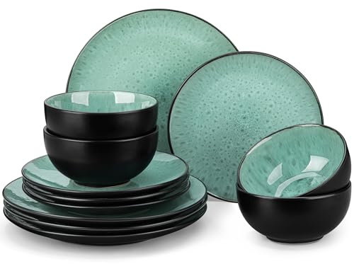 vancasso Bubble Plates and Bowls Sets - 12 Piece Dinnerware Sets Service for 4, Reactive Glaze Stoneware Tableware Set, Microwave, Dishwasher, Oven Safe (Green)