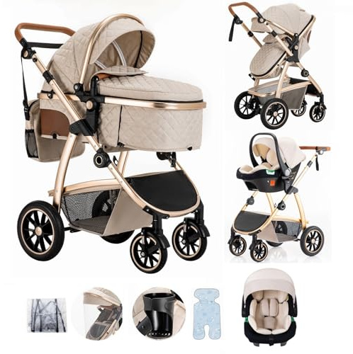 Lnhcrbs Set de Cochecito De Bebé 3 en 1, Cochecito Bebe de Altura Ajustable Con Asiento de Coche, Cochecito Bebe 3 Piezas de Bebé para Bebés de 0-4 Años con Mosquitera Bolsa para Mamá Porta Biberón