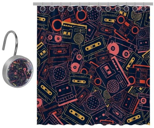 VAPOKF Tenda da doccia in poliestere con stampa a cassette retrò, tenda da doccia con 10 ganci in acciaio inox, per bagno, rustica, 152 x 182 cm